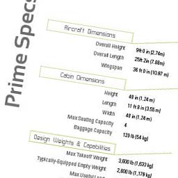 Another spread from the brochure, highlighting the design of the aircraft spec tables.